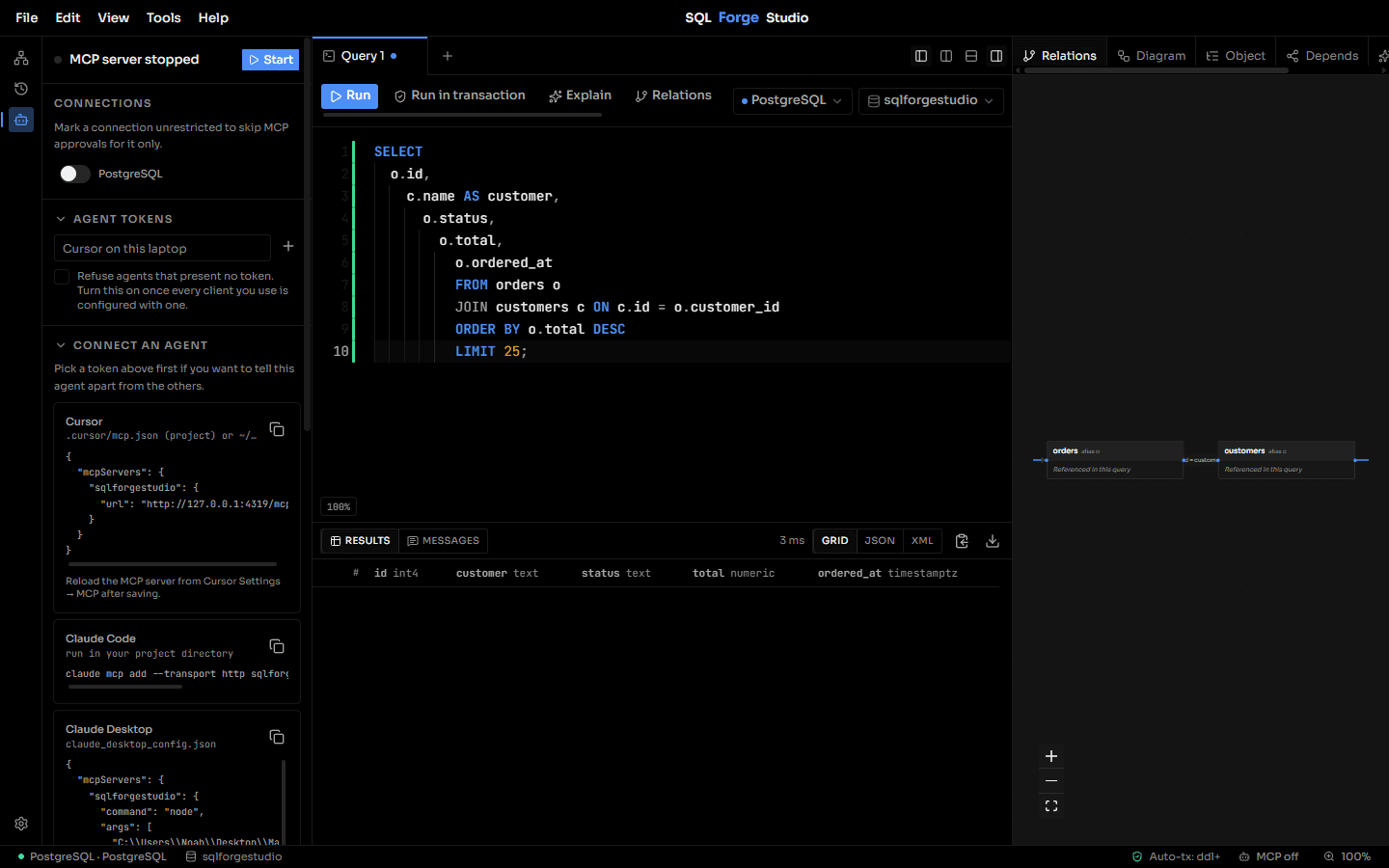 SQL Forge Studio MCP agent settings with human approval controls.