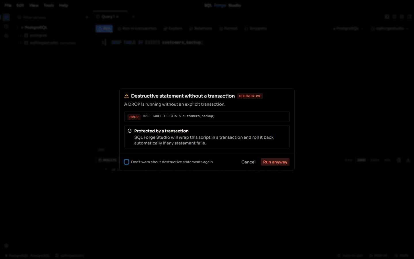 SQL Forge Studio safety gate reviewing a destructive statement before execution.