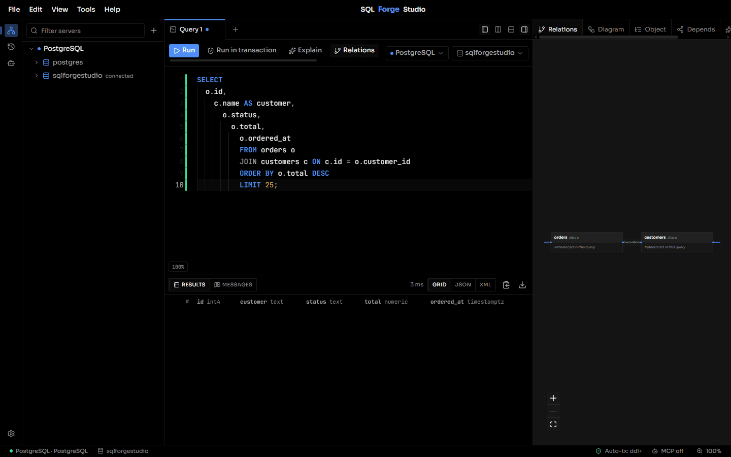 SQL Forge Studio schema and relation graph visualizing table relationships.